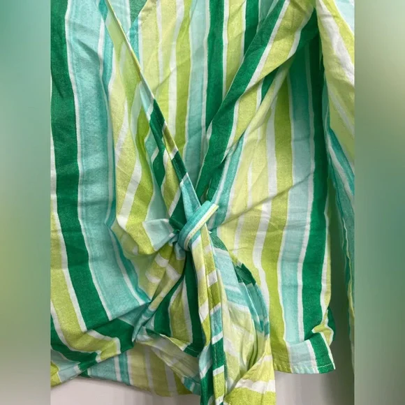 LN Zara stripe print wrap sash belt balloon sleeve top 9878/117 green large L - Picture 4 of 11